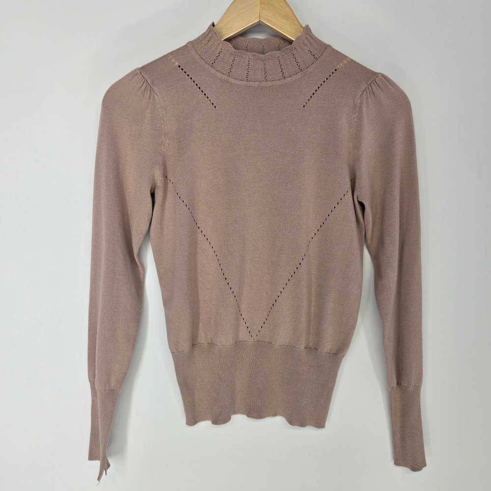 Vila Milano Sweater Women XS Mauve Pink Mock Neck Pointelle Puff Sleeve Knit Top